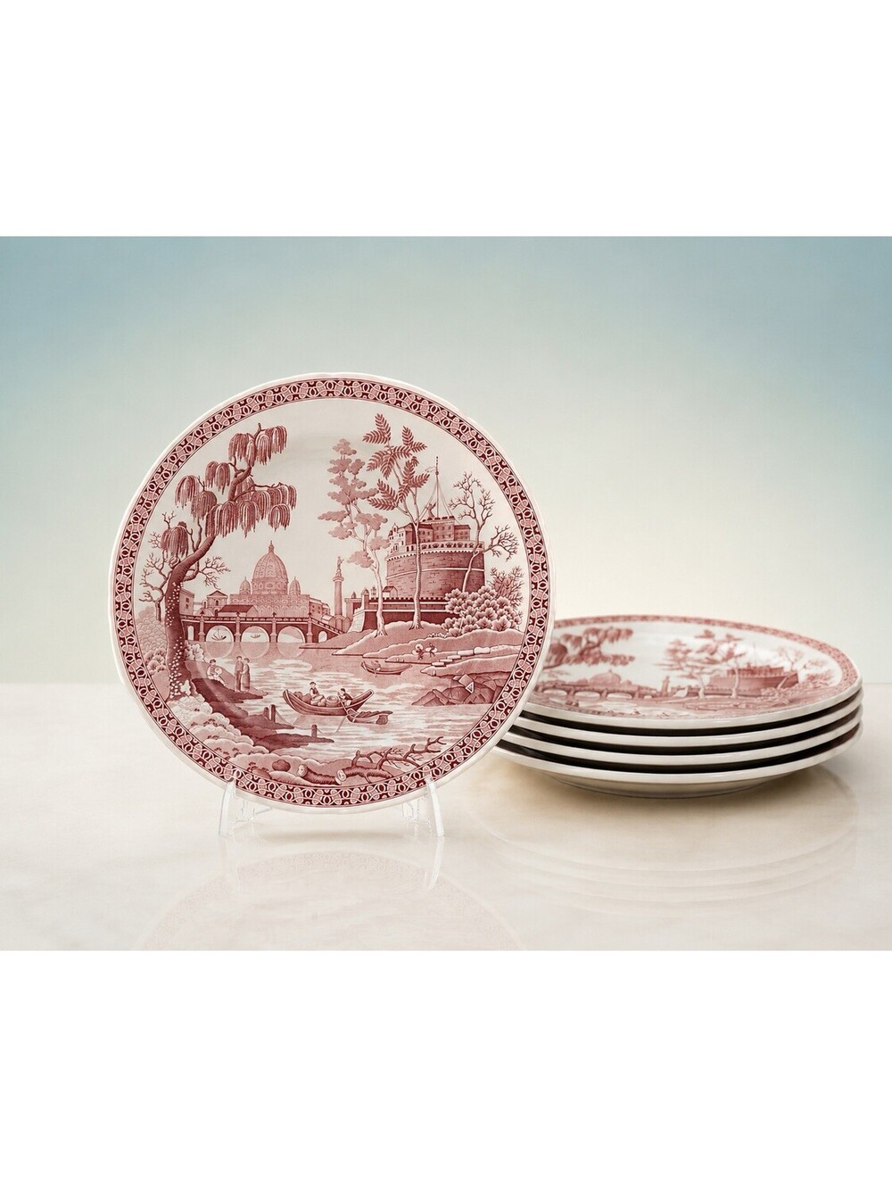Spode 1990s 5 Dinner Plates Rome Archive Collection Red Transferware, 10.5”